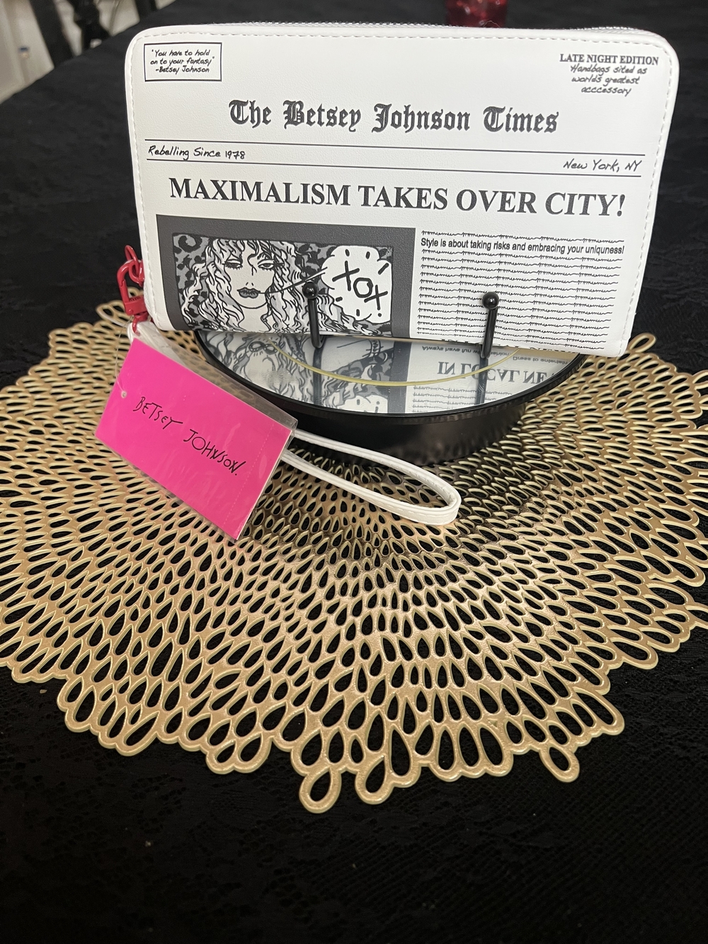 Betsey Johnson 'Maximalism Takes Over City' White Newspaper Print Wristlet